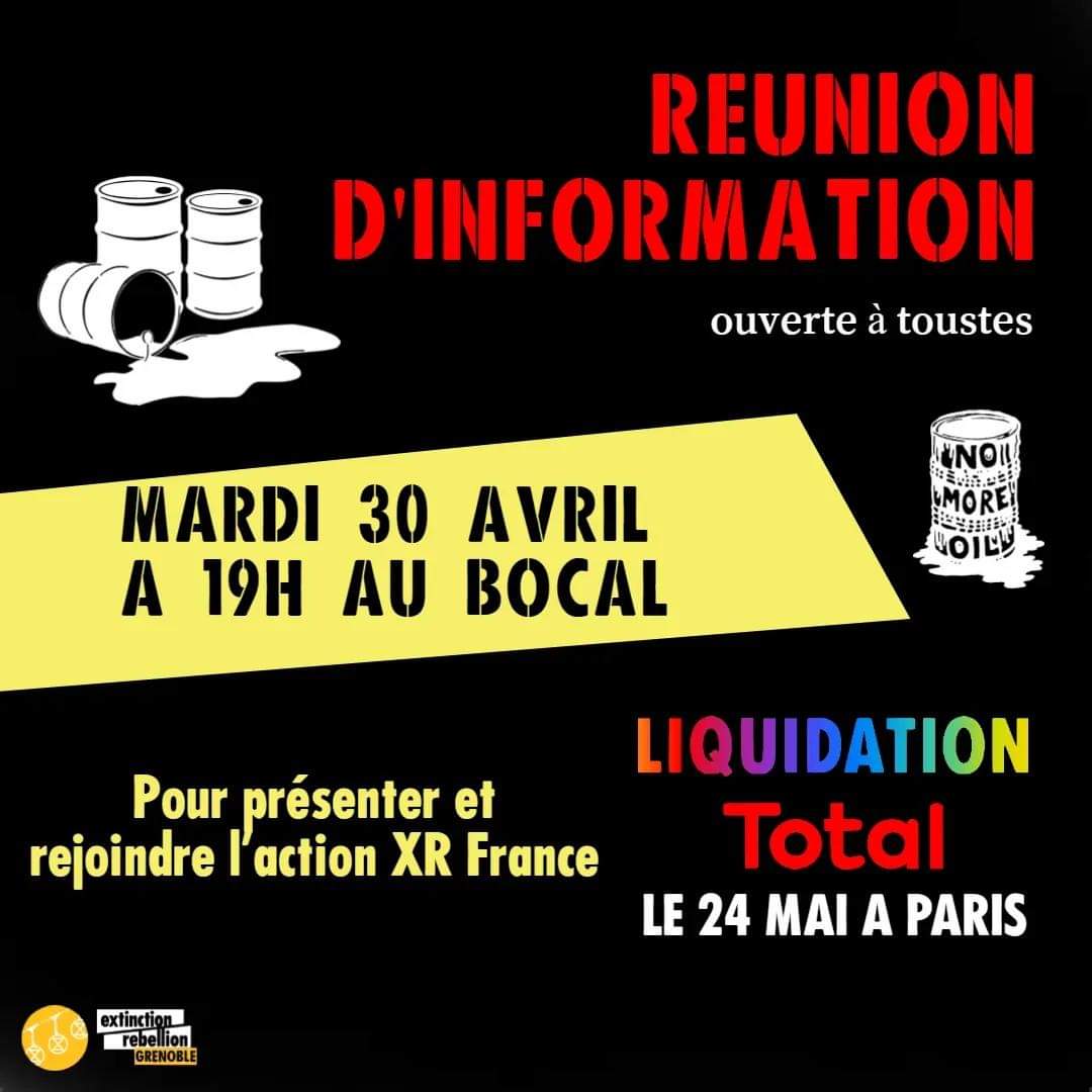 Xr38G's tweet photo. Vous voulez monter à Paris pour l'action Liquidation Total, mais avez des questions, des doutes ?
📢 Nous organisons une réunion d'information ouverte à toustes le mardi 30 avril à 19h au Bocal pour présenter l'action, ses objectifs, et s'organiser.

Liquidation Total ⁉️👇 https://t.co/LZj9O4iVrK