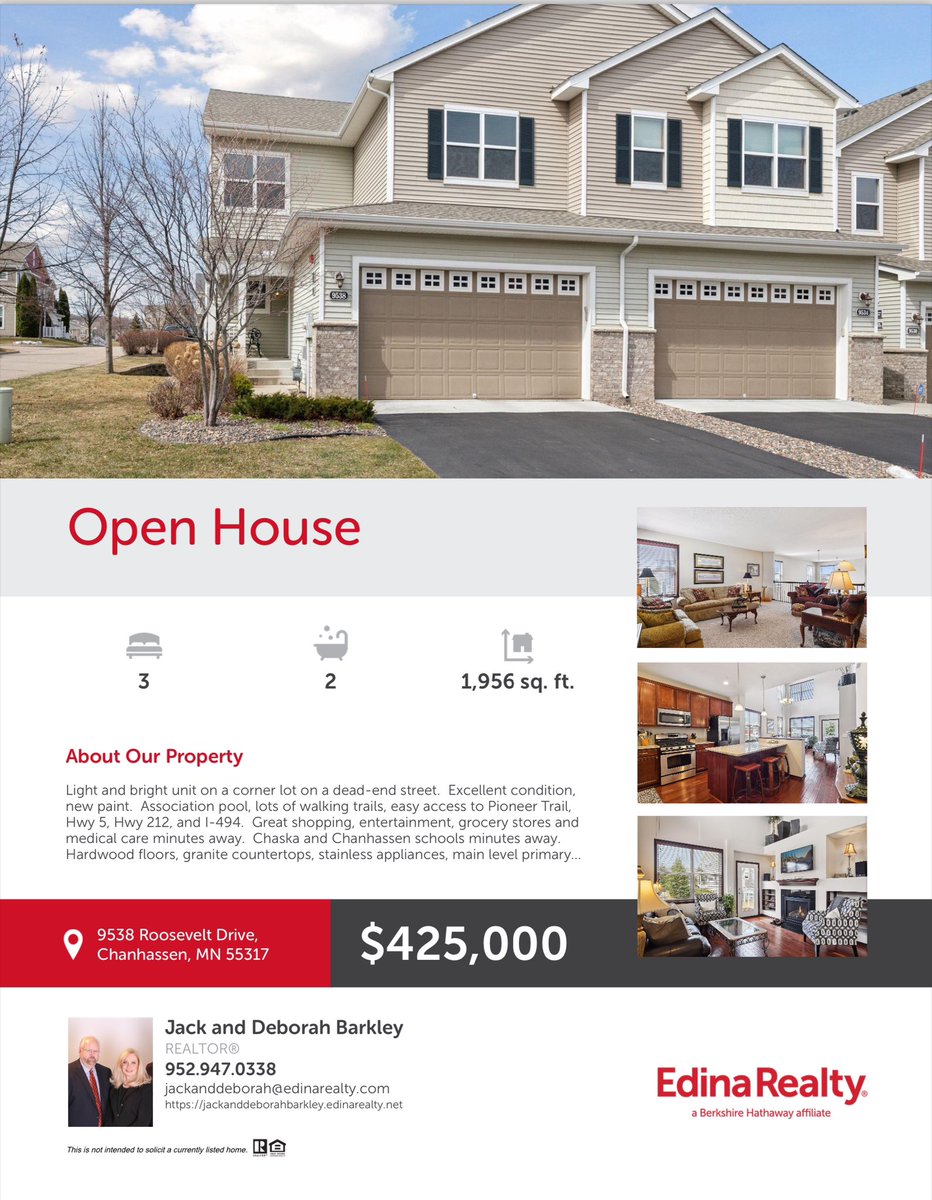 Jason_Barkley's tweet photo. #openhouse 4/21 12-1:30. #justlisted #chanhassen #mn 3 bedroom 3 bath 2 car. Light and bright unit on a corner lot on a dead-end street. Excellent condition, new paint. Association pool, lots of walking trails, easy access to Pioneer Trail, Hwy 5, Hwy 212, and I-494. Great shopping, entertainment, grocery stores and medical care minutes away. Hardwood floors, granite countertops, stainless appliances, main level primary bedroom and bath. Unfinished lower level has great expansion potential, including 4th bedroom and 4th bath. Upper level has two bedrooms and a hallway bath. Large loft area for den or play area. #thebarkleys #edinarealty
 
Home details:
https://t.co/am9SlgAVhQ
 
More photos:
https://t.co/lTmS8LmkSh