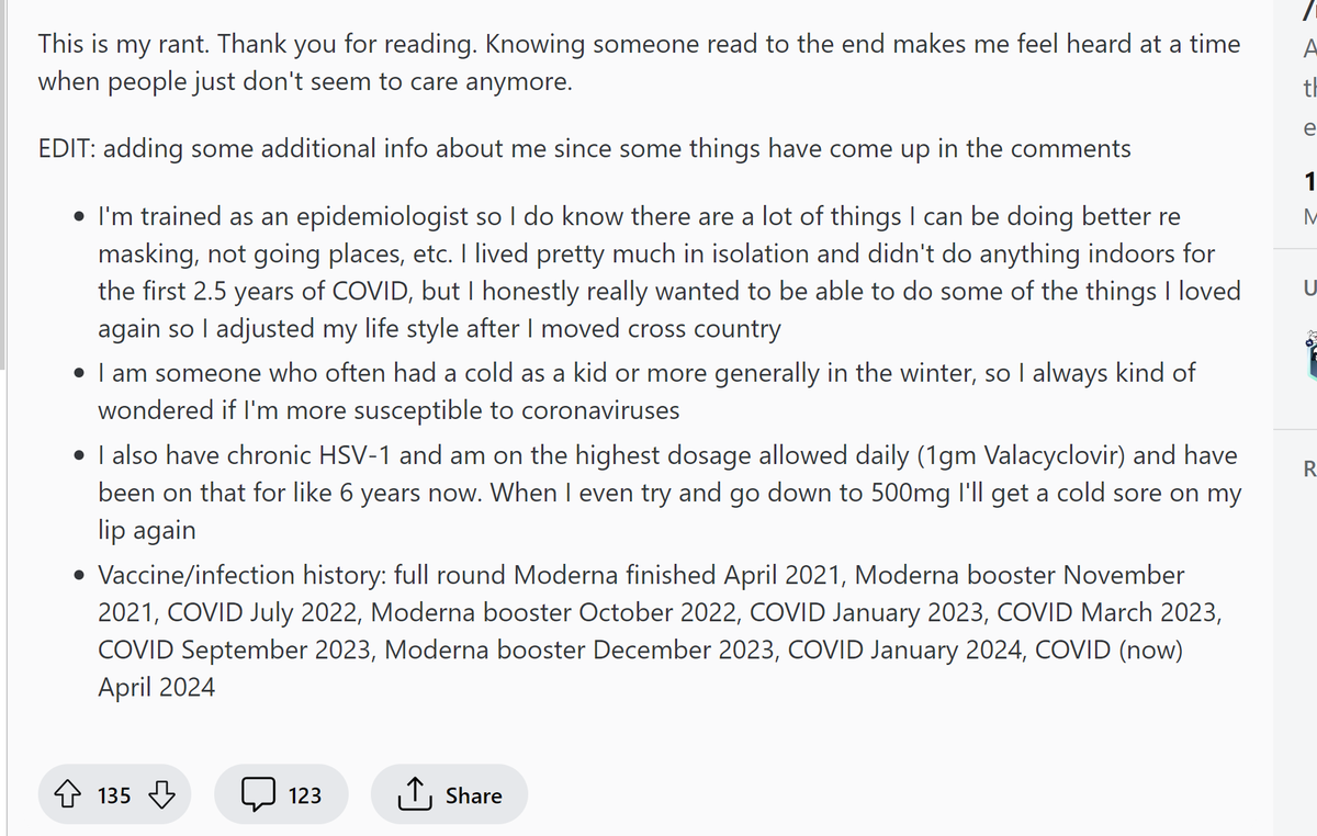 This epidemiologist has had covid 6 times in less than two years. I'm still shocked at how close together some of these infections were, under 90 days, some a month after vaccination. 😭