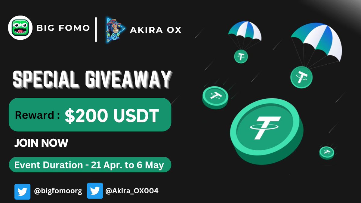 😍Big Fomo x Akira Ox #Giveaway🥳

🏆Prize Pool ----  $200 Worth #USDT 🥳

To Enter👇
✅Follow @bigfomoorg &amp; @Akira_Ox004
✅Like❤️,RT &amp; Tag 3 Friend
✅FINISH Gleam : wn.nr/77npwnY

⏰6 May.
#Airdrops #Giveaway #Gamefi #Crypto #ReferAndEarn