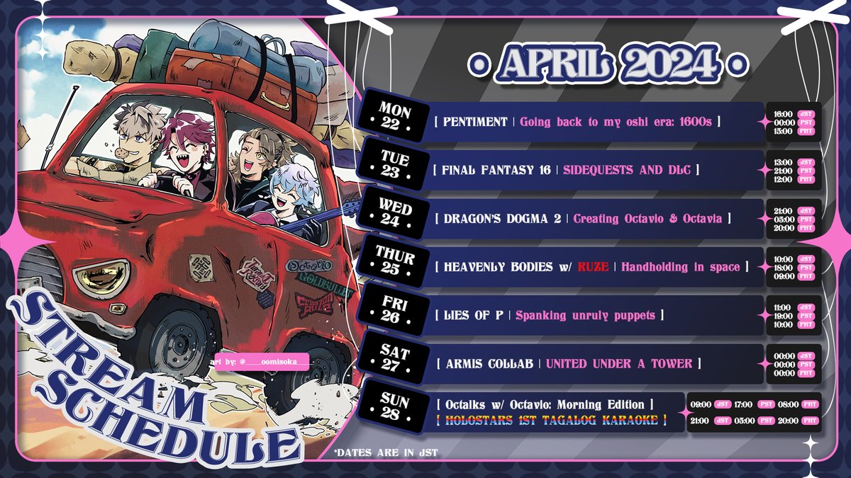 ♾NEW SCHEDULE♾ Playing the unique PENTIMENT, FF16 DLC, Ruze collab, Lies of P then making history with TAGALOG KARAOKE LIVE: #OctLIVEo ART: #Artavio MEMES: #OctoSus CLIPS: #OctaClips ASSETS: #OctAssets REQUESTS: #karaVIOke STORIES: #ArmisAdventures