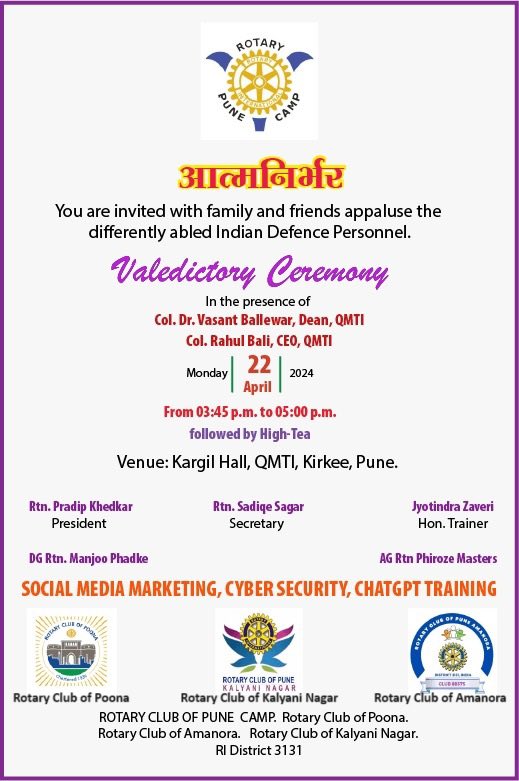 RotaryPuneCamp's tweet photo. Social Media Marketing, CYBER SECURITY, ChatGPT (BATCH 06)
training.  Valedictory Ceremony honoring the resilience and spirit of our differently-abled Indian Defence Personnel. 

⏰22 April 2024. @ Kargil Hall, QMTI, Kirkee, Pune.

Trainer: Jyotindra https://t.co/Ooh9UWWXSy
