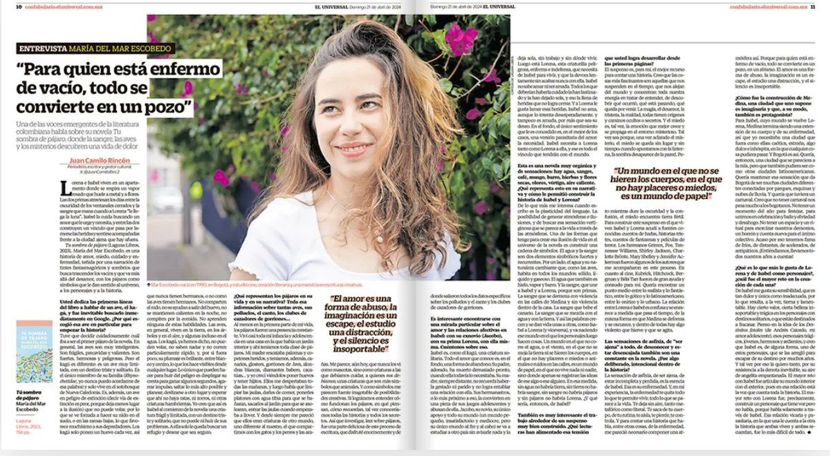 Conversé con la escritora colombiana <a href="/Mar_e_mia/">María del Mar Escobedo</a> para <a href="/ConfabularioMx/">Confabulario</a> de <a href="/El_Universal_Mx/">El Universal</a> sobre su primera novela, "Tu sombra de pájaro", donde sangre, aves y misterios descubren una vida de dolor. <a href="/lagunalibros/">Laguna Libros</a> 

confabulario.eluniversal.com.mx/para-quien-est…