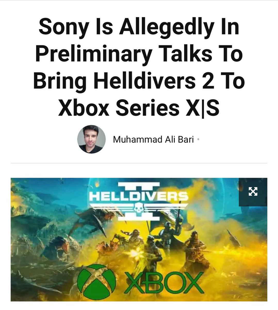 NikoMueller's tweet photo. ‘Sony is allegedly in preliminary talks to bring #Helldivers2 to #Xbox’
- Twisted Voxel 2024

It seems the request of PlayStation fans for support from #Xbox gamers was heard. 😎🙏 https://t.co/Pkz7qm6RFI