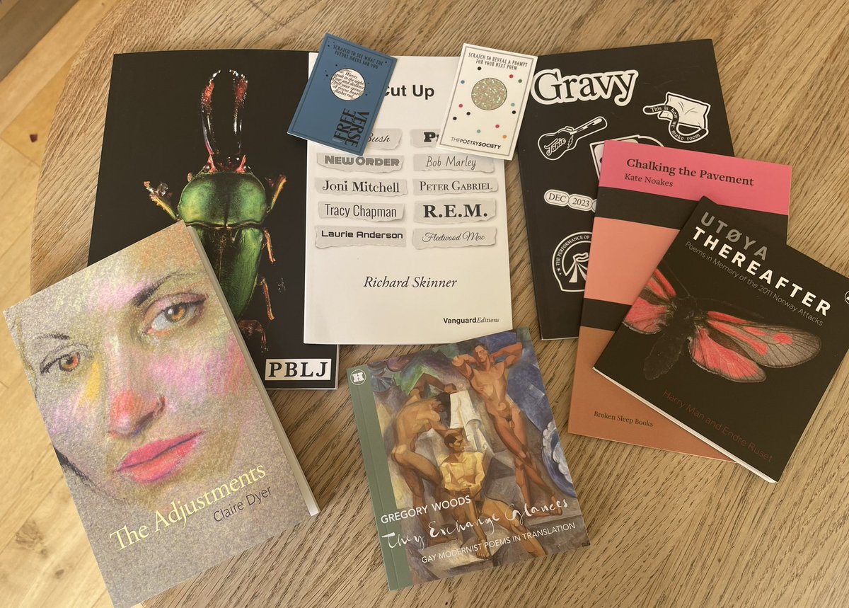 Necessary pic of the #FreeVerse @PoetrySociety sackful - fab reading from @ClaireDyer1 @RichardNSkinner @KateNoakes1 & @HerculesEdtns (you’ll be so much missed), Gravy from @TATFS & much anticipated new @PoetryBrum (via @VanguardRead) oh, and SCRATCHCARDS from @HeyAstranaut !