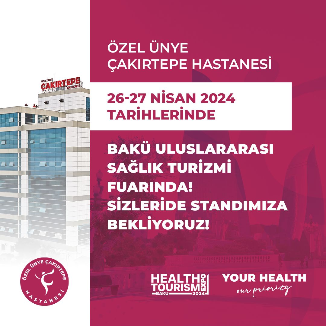 Özel Ünye Çakırtepe Hastanesi, Bakü'de Sağlık Turizmi Fuarı'nda Yer Alacak! Özel Ünye Çakırtepe Hastanesi, 26-27 Nisan tarihlerinde Bakü Hilton Hotel'de düzenlenecek Health Tourism Expo (Sağlık Turizmi Fuarı)'na katılacak. Fuar kapsamında birçok ülkeden sağlık kurum ve