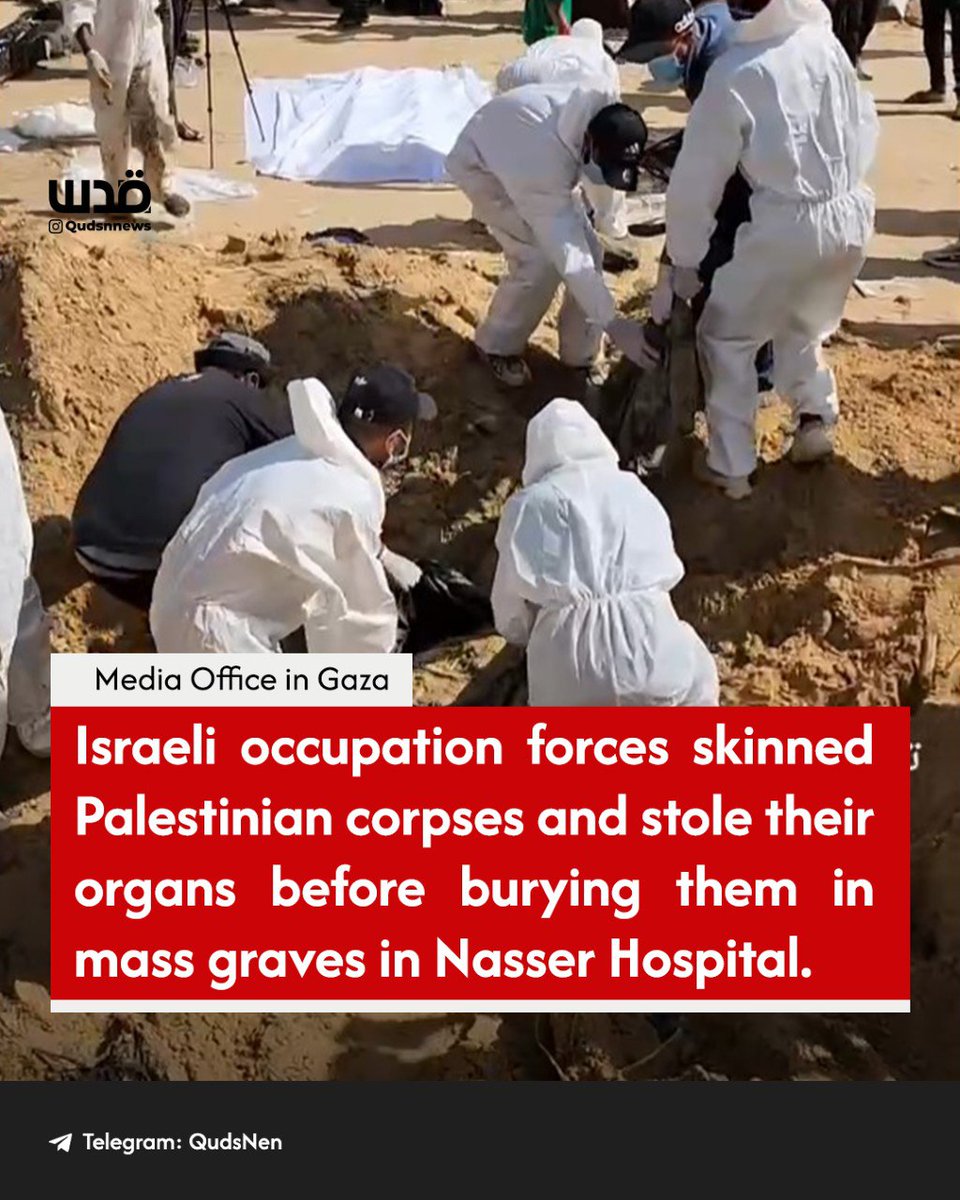 Developing | Two mass graves were discovered by Palestinians near Nasser Hospital in Khan Yunis following the withdrawal of Israeli occupation forces.

"We found corpses without heads, bodies without skins, and some had their organs stolen," reported the Director-General of the