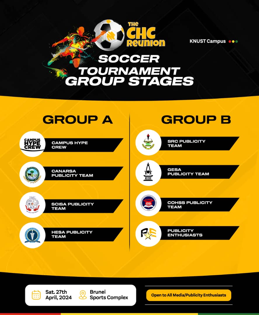 CampusHypeCrew's tweet photo. The CHC Reunion Soccer Tournament.⚽

Featuring The KNUST SRC Publicity Team, College Publicity Teams, Campus Hype Crew and all Campus Publicity Enthusiasts

Brace yourself for a soccer competition at its finest.

#TheCHCReunion | #CampusHypeCrew🇬🇭 https://t.co/TcJefnYwUE