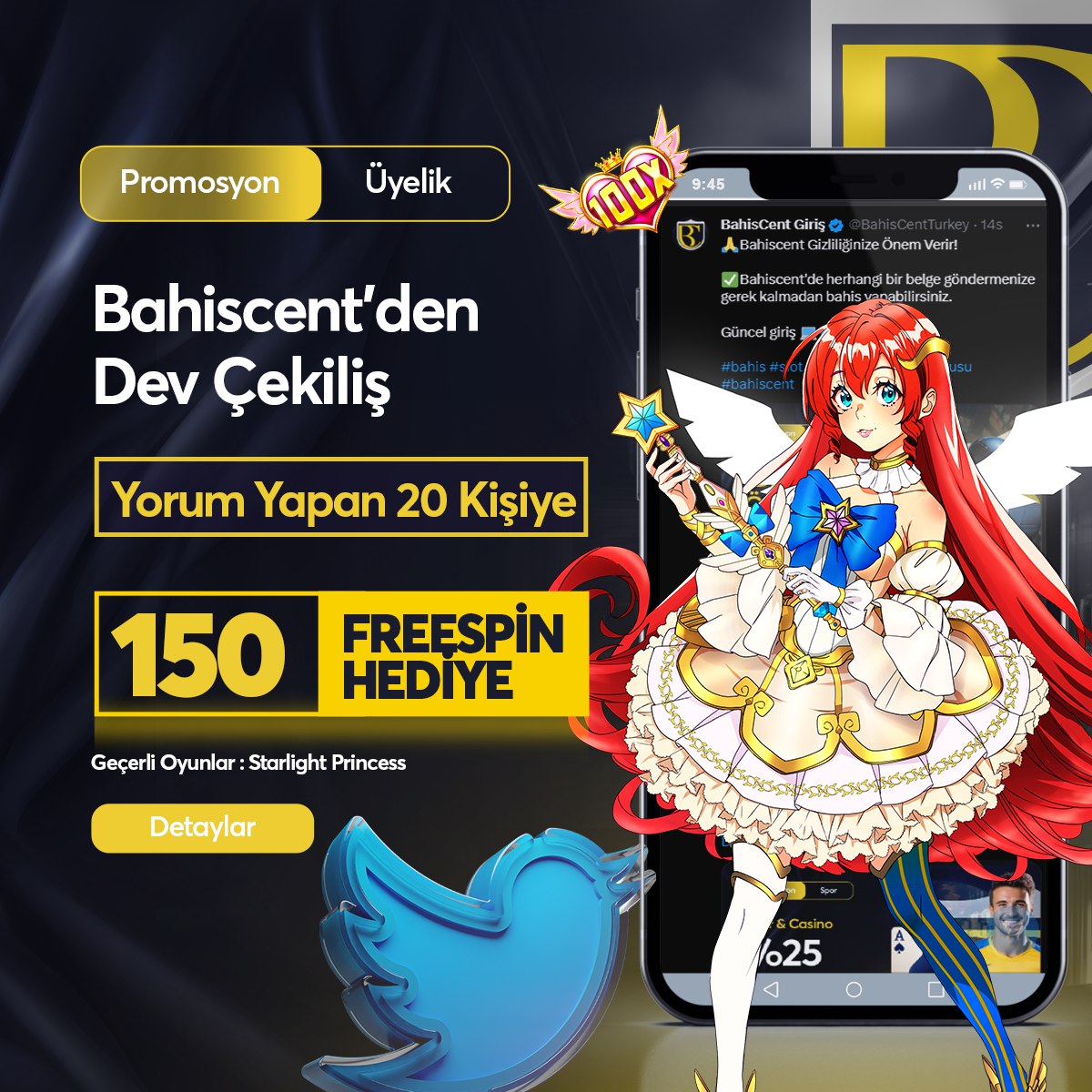 🔥#BAHİSCENT'DEN TWİTTER OZEL DEV ETKİNLİK! 🎁 Gönderiye yorum atan 20 üyemize Starlight Princess oyunun da geçerli 150 Freespin hediye ediyoruz. 👉Hemen sen de yorum at ve kazanma fırsatını kaçırma! ⚠️Yorumunun yanına kullanıcı adını yazmayı unutma. #Galatasaray #iddaa #slot