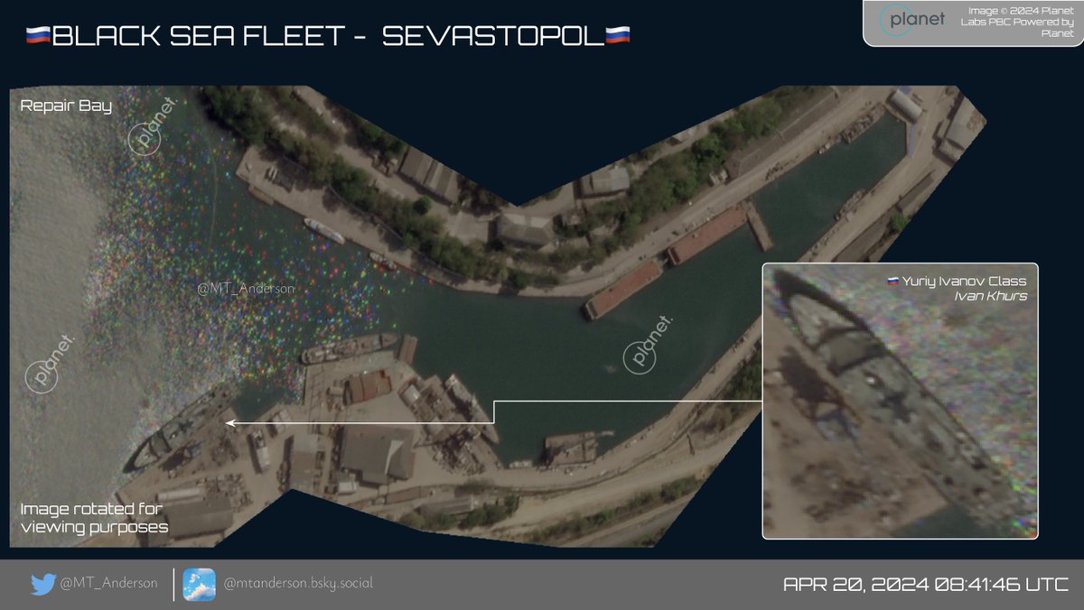 🇷🇺BSF: SEVASTOPOL🇷🇺 0.5m from 20 April 2024 (before the latest strike). Looks like 2 Krivaks, an Alexandrit Class, the Kommuna + several other vessels at the Frigate pier. Ivan Khurs hasn't moved from her spot in the repair bay. 2x grain thieves in Avlita