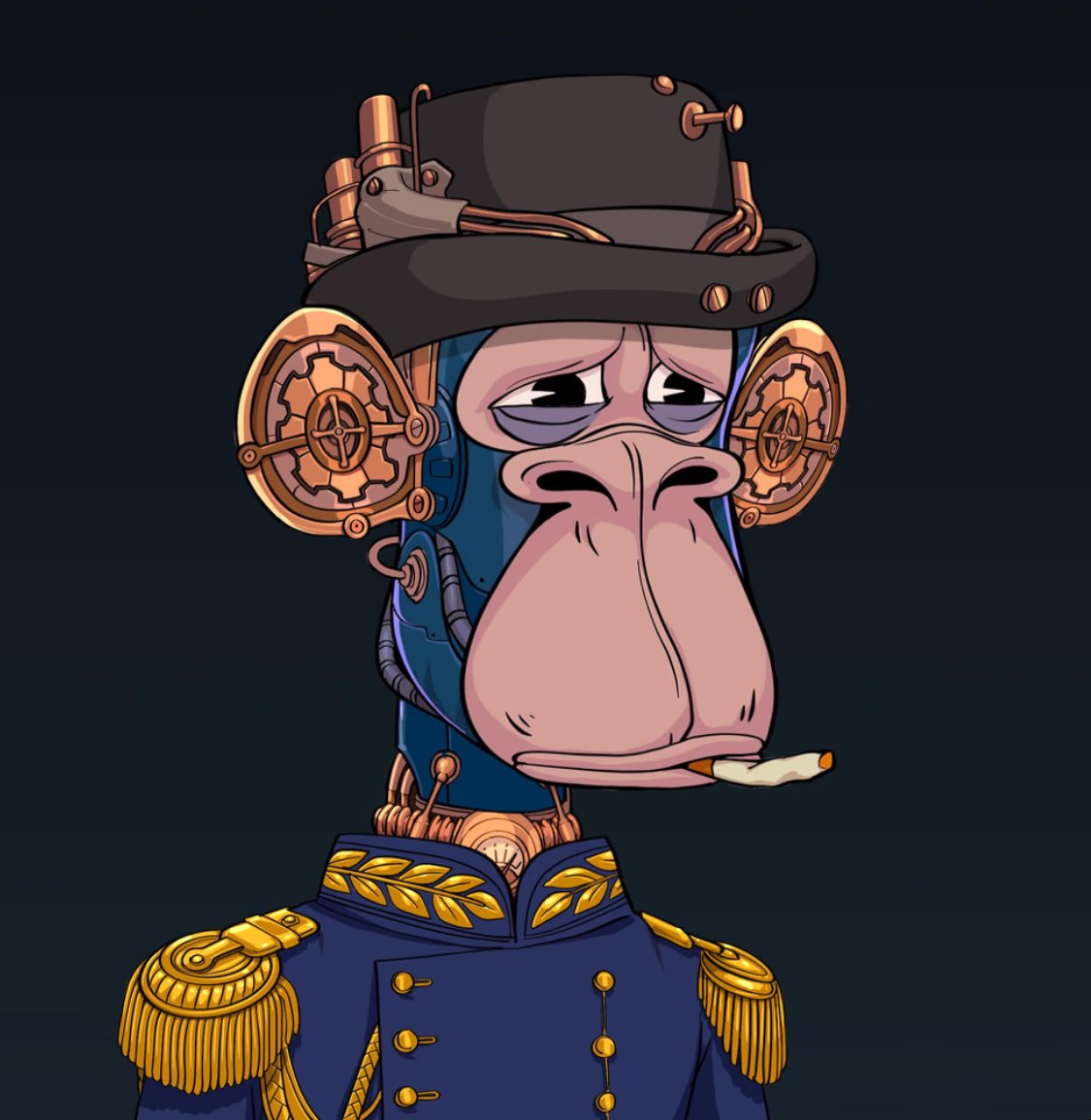 Just picked up this guy for my collection. Commander outfit (2%) is dope and I also didn't have any Robot Blue Fur (3%) in my collection yet. <a href="/BasedApesNFTs/">Based Apes</a>