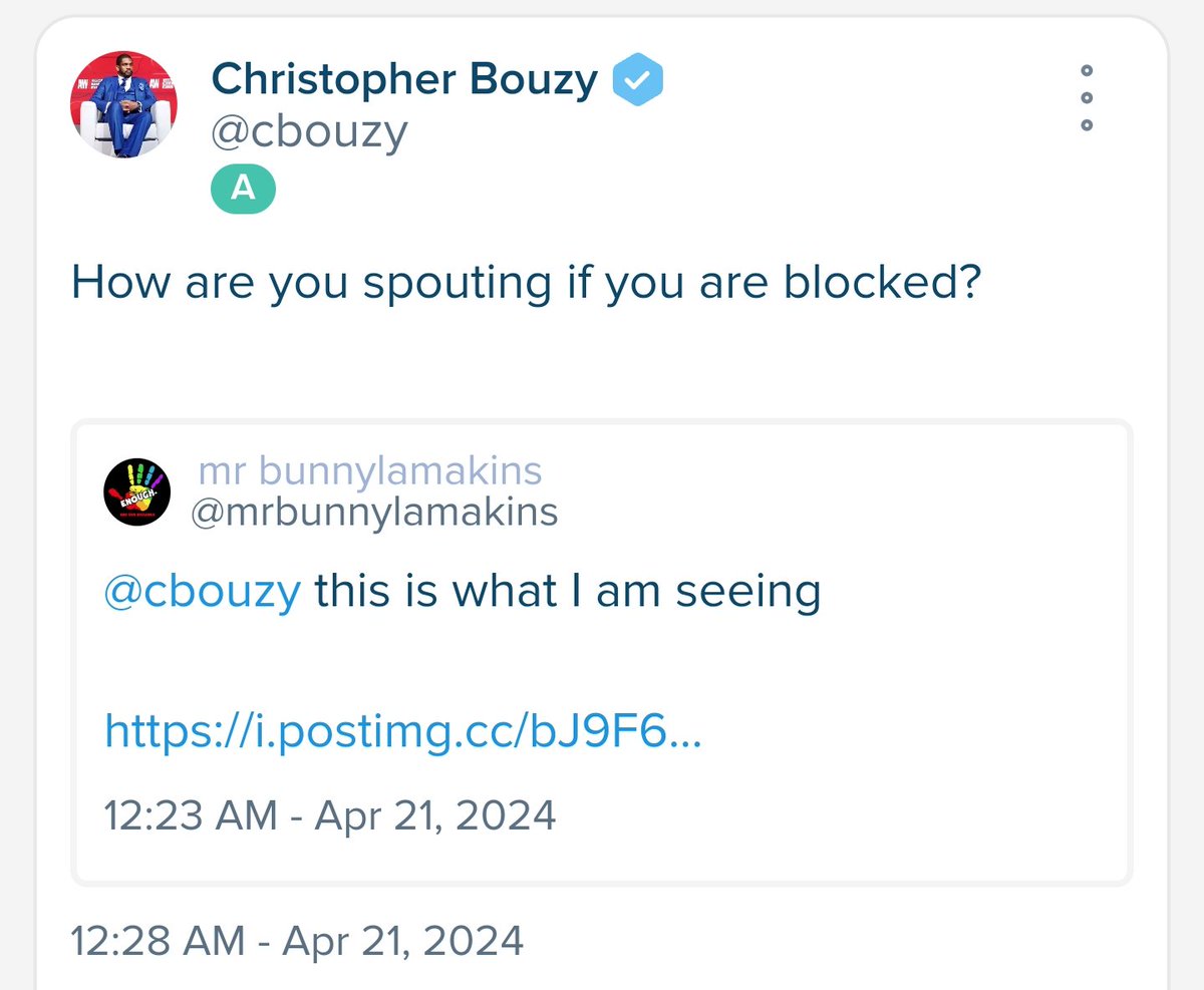 abouzy_'s tweet photo. Spoutible's CEO,
"Expert coder" Christopher Bouzy,
has questions 😂
#̶I̶c̶o̶n̶i̶c̶E̶x̶p̶e̶r̶t̶
#IronicExpert 🤡 https://t.co/LftC3Ash4c