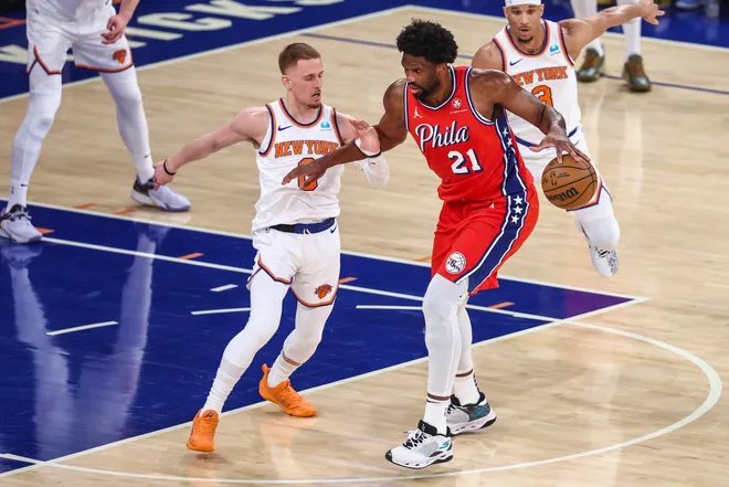 PhillySportsExp's tweet photo. Sixers with and without Embiid on the court during yesterday’s game vs the Knicks:

With Embiid: +42
Without Embiid: -49 https://t.co/m7ak9jyL6v