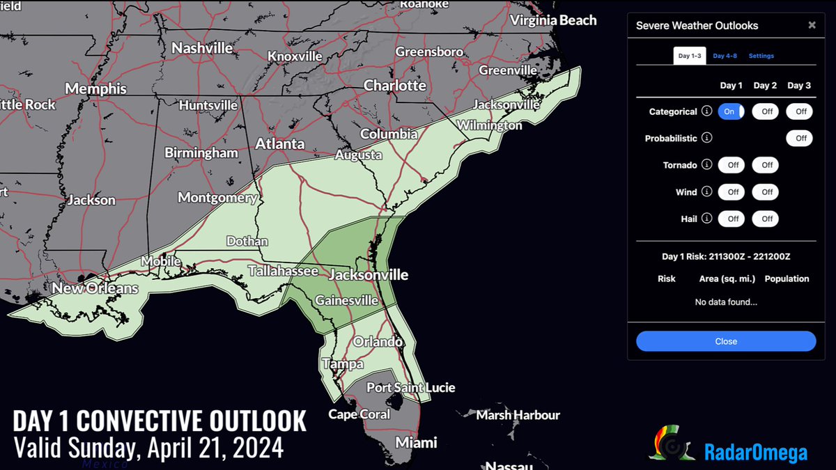 A Marginal Risk of severe thunderstorms is in place over southern GA and north Florida today. Winds near 60mph and large hail will be possible with isolated storms this afternoon into evening. #FLwx #GAwx