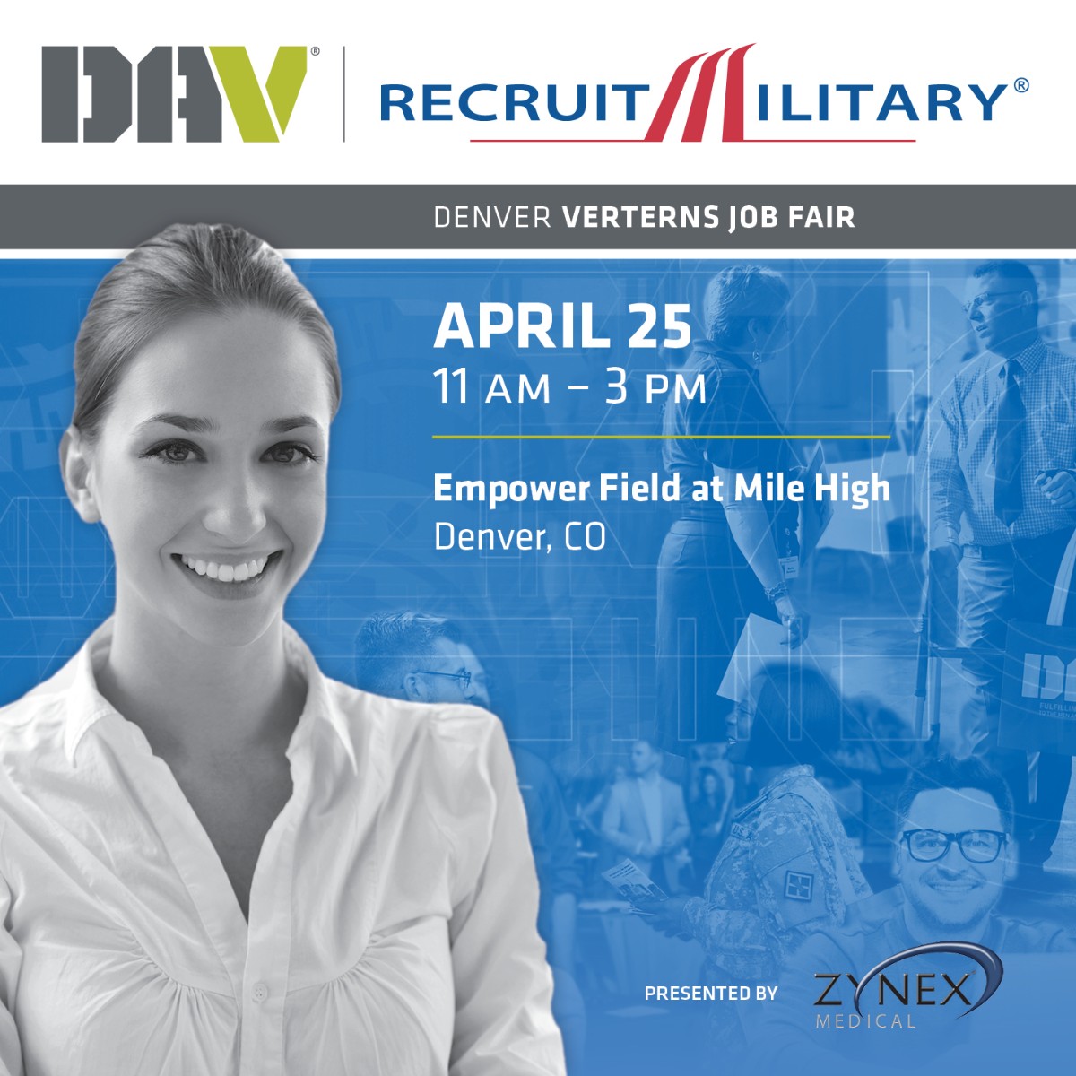 Disabled American Veterans (DAV) (@davhq) on Twitter photo On Thurs., April 25, at 11 a.m. (Mountain), DAV, <a href="/RecruitMilitary/">RecruitMilitary</a> and <a href="/ZynexMedical/">Zynex Medical</a> will host an in-person job fair for transitioning service members, veterans, members of the National Guard, Reserves and military spouses in the Denver area. Register now: dav.la/3pd. On Thurs., April 25, at 11 a.m. (Mountain), DAV, <a href="/RecruitMilitary/">RecruitMilitary</a> and <a href="/ZynexMedical/">Zynex Medical</a> will host an in-person job fair for transitioning service members, veterans, members of the National Guard, Reserves and military spouses in the Denver area. Register now: dav.la/3pd.