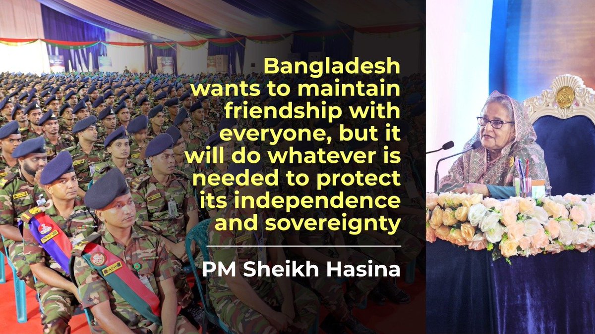 Prime Minister #SheikhHasina said #Bangladesh wants to maintain friendship with everyone, but it will do whatever is needed to protect its #independence and #sovereignty. She was addressing at a darbar after inaugurating Bangabandhu Battery Complex'.
👉albd.org/articles/news/…