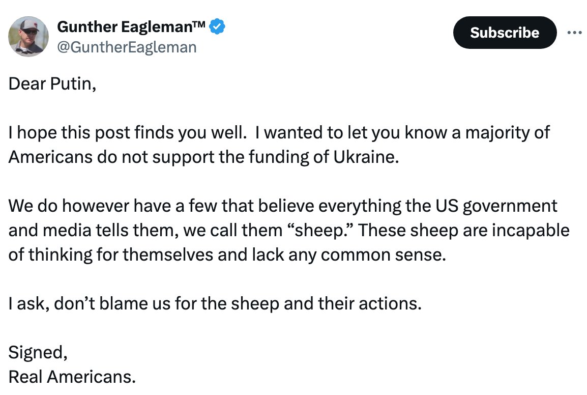 When you are caught sending apology letters to Vladimir Putin after your country decided to help an ally defend against Putin seizing their sovereign land and killing the Ukrainian people, you know you probably aren’t an “American Patriot”. Do people actually think this behavior