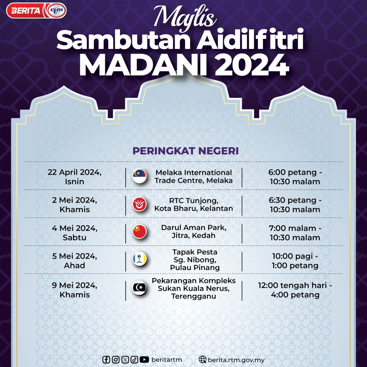 Majlis Sambutan Aidilfitri MADANI bersama Perdana Menteri Datuk Seri Anwar Ibrahim akan diadakan di 5 negeri. 'Yang sahih di Berita RTM' #RTM #BeritaRTM #MalaysiaMadani