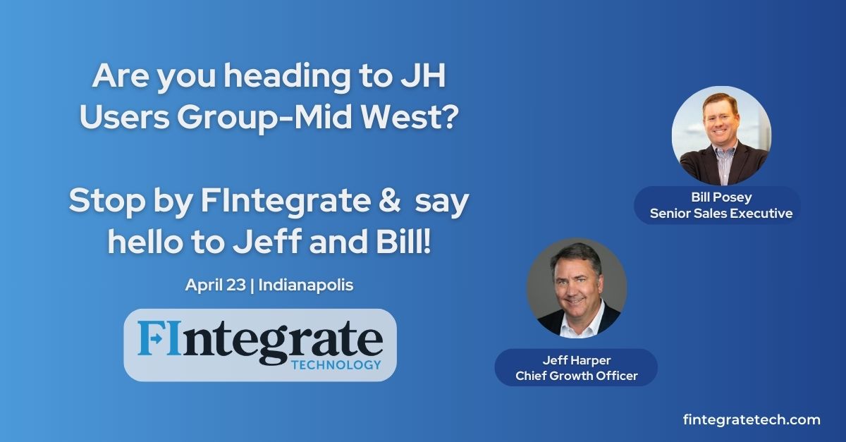 FintegrateT's tweet photo. Join us at the @JH_Fintech MidWest Users conference in Indianapolis on April 23rd. Bill and Jeff from our team will be there, showcasing FusionDMS. Don't miss this opportunity to learn more about our solutions! https://t.co/3jhO7XfW48 #FIntegrate #JHMidWest https://t.co/IGWwQyJE3s