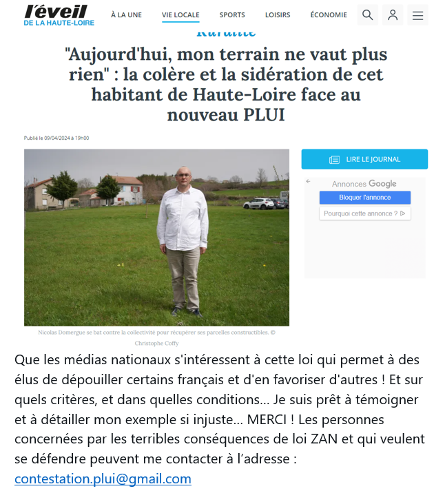 NicolasDOM19857's tweet photo. @GabrielAttal @Mediapart @radiofrance
@lemondefr @TF1 @Francetele @BFMTV
@afpfr @cnews @EliseLucet @courbet_julien 
#ConventionCitoyenne #Climat #ZAN #Climat et Résilience #artificialisation

L'Eveil de la Haute-Loire : https://t.co/xxzzchrStA
Contact: contestation.plui@gmail.com https://t.co/jiEtm5pSny