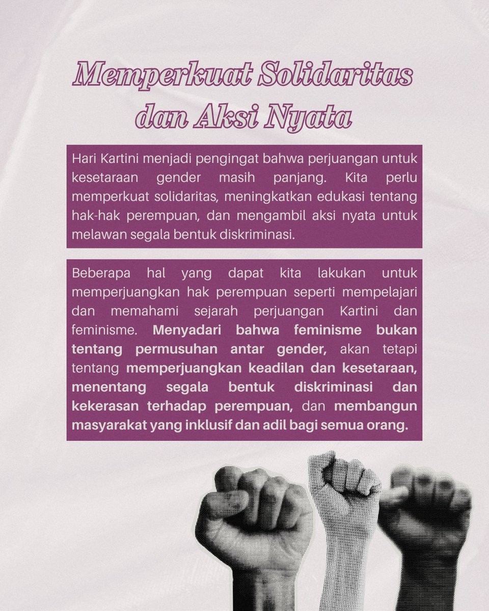 fisipmanis's tweet photo. Mari kita jadikan Hari Kartini sebagai pengingat bahwa perjuangan untuk kesetaraan gender masih panjang.

Bersama-sama, kita bisa membangun masa depan yang lebih cerah di mana perempuan dihargai, diberdayakan, dan memiliki kesempatan yang sama untuk mencapai kesuksesan. https://t.co/aDekuI6vqC