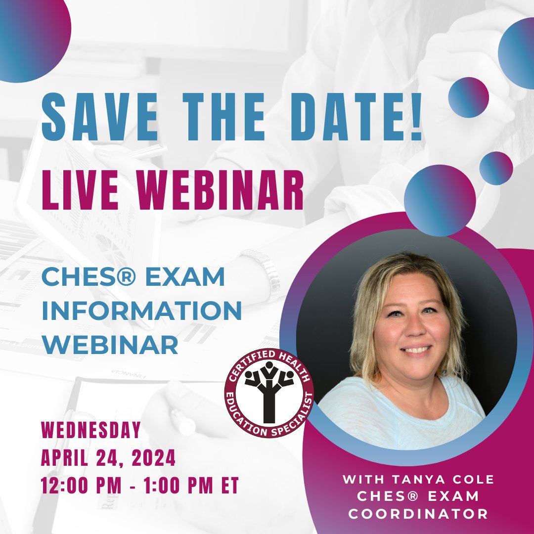 Have questions about the #CHES exam? Register for our live webinar with NCHEC's CHES Exam Coordinator, Tanya Cole, and have them answered! Wednesday, April 24, 2024 | 12 - 1 pm EST The webinar will be recorded. Link to register: ow.ly/wlLA50RaNva #certification