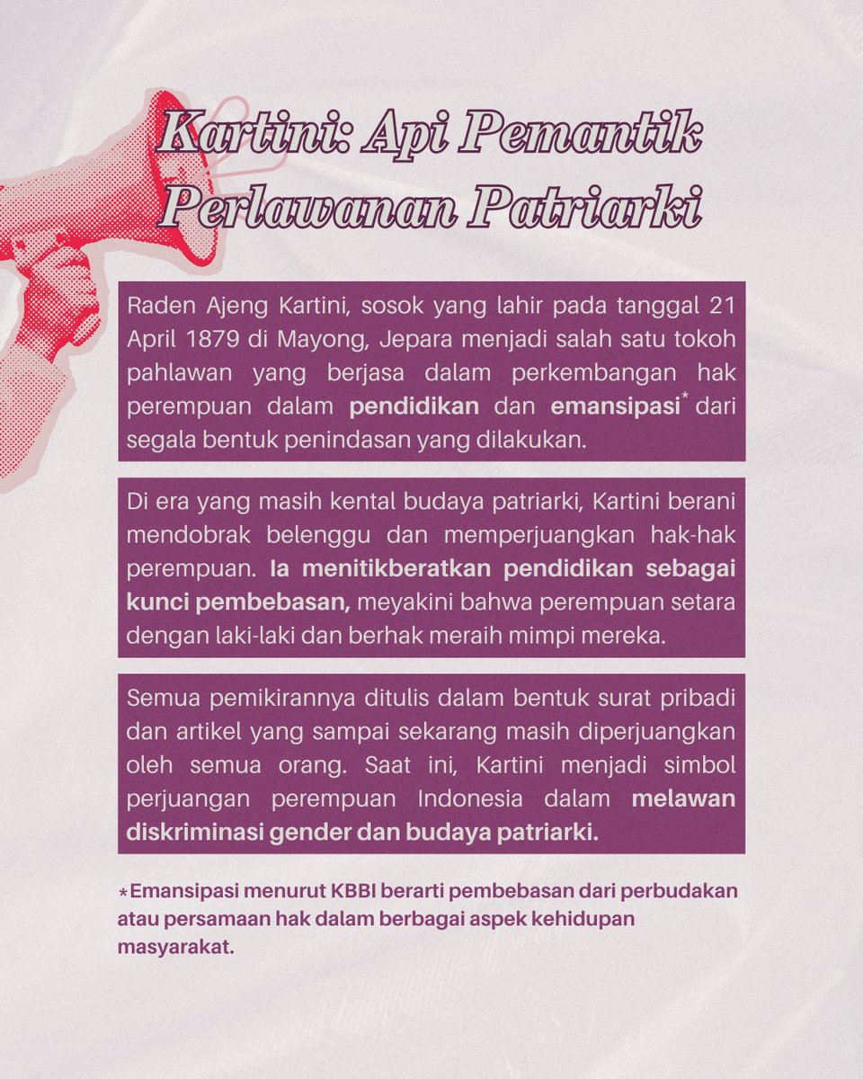 fisipmanis's tweet photo. 21 April, hari yang istimewa untuk mengenang jasa Raden Ajeng Kartini, pelopor emansipasi perempuan Indonesia. Semangatnya yang membara menginspirasi generasi perempuan untuk terus memperjuangkan kesetaraan dan keadilan. https://t.co/wO5II64D2f