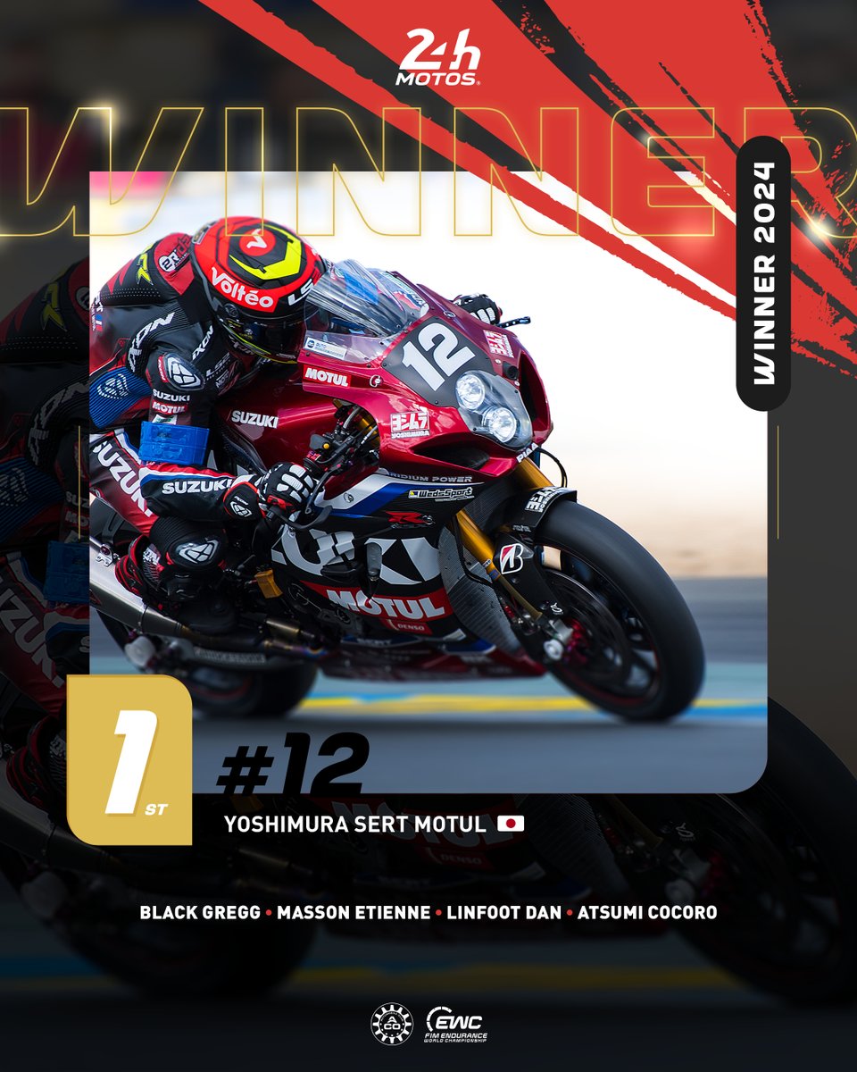 La moto #12 du team @Yoshimura_SERT remporte la 47° édition des 24 Heures Motos ! 🏆 Félicitations à @greggblack , @etiennemass , @danlinfoot et @cocoro_55 ! #24hmotos #FIMWEC