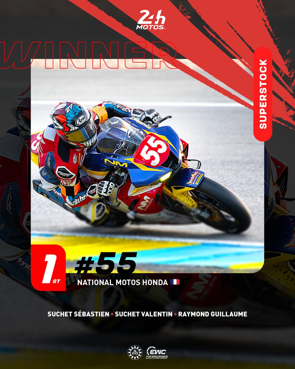 Et c'est le team National Moto Honda qui s'est imposé en catégorie Superstock 🔴 Félicitations à Sébastien Suchet, Valentin Suchet, et Guillaume Raymond pour cette victoire ! #24hmotos #FIMWEC