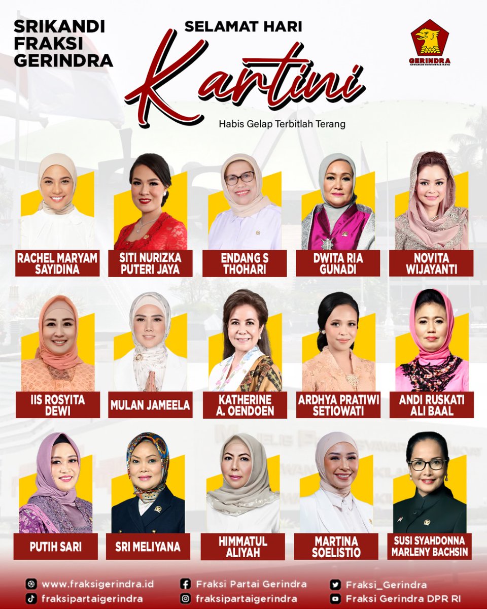 Selamat Memperingati Hari Kartini dari Srikandi Fraksi Gerindra DPR RI. Kaum Perempuan terus berjuang untuk kepentingan Bangsa dan Negara demi mewujudkan Indonesia Emas 2024 mendatang