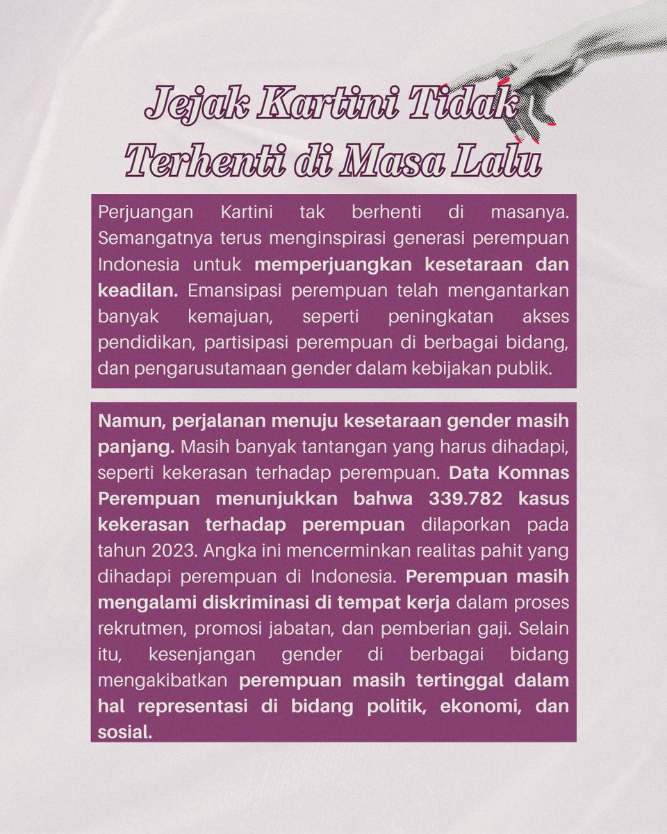 fisipmanis's tweet photo. Di era modern, perjuangan Kartini masih relevan. Kita masih dihadapkan dengan berbagai tantangan, seperti kekerasan terhadap perempuan, diskriminasi gender, dan ketimpangan representasi gender di berbagai bidang sosial-politik-ekonomi. https://t.co/bjVCwwh0xR