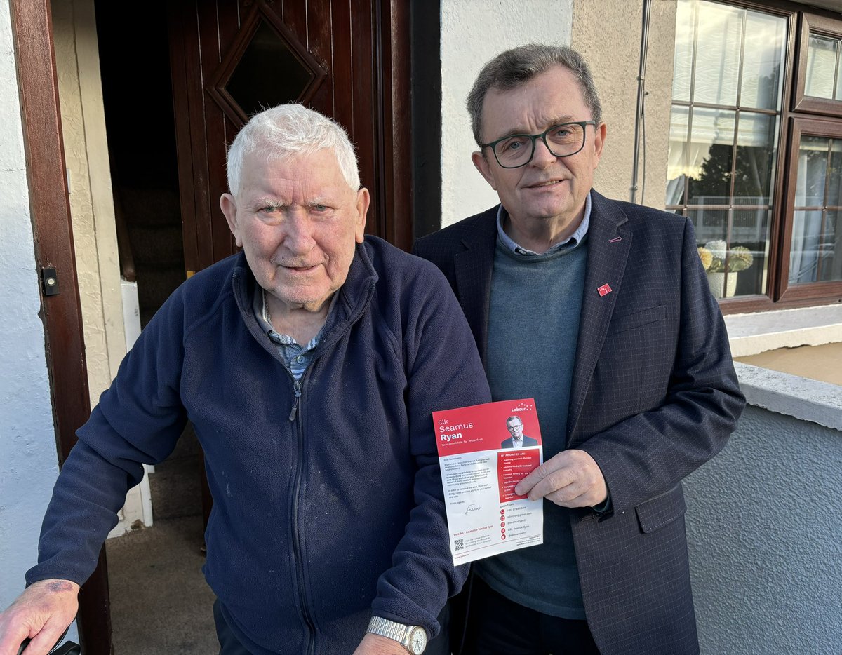 Great to meet up with my good friend Henry Moloney. Henry is a long time trade unionist. I was delighted that he wanted to endorse my campaign to be re-elected Henry said “ I am asking my family and friends to give Seamus their number one vote on June 7th” . #Waterford @labour