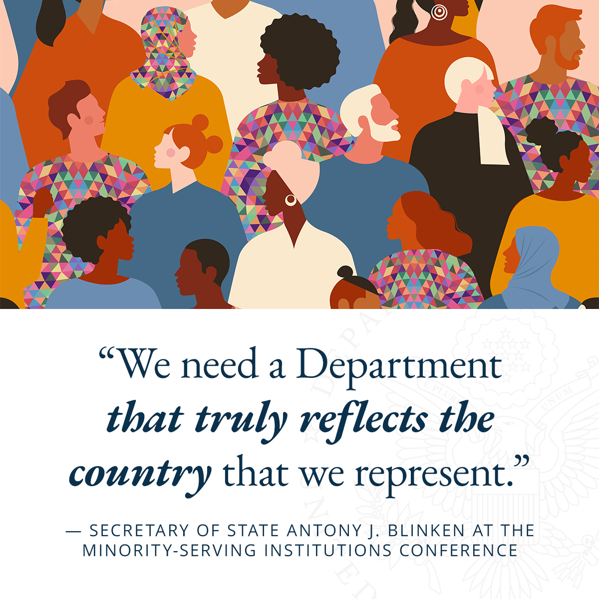 StateDept's tweet photo. One of the realities that we have to confront is that we are operating in an incredibly diverse world. The greatest strength that we bring to that is our own diversity. We want to make sure that we have a government and we have a Department that fully reflects that diversity. https://t.co/glmizTFvpA