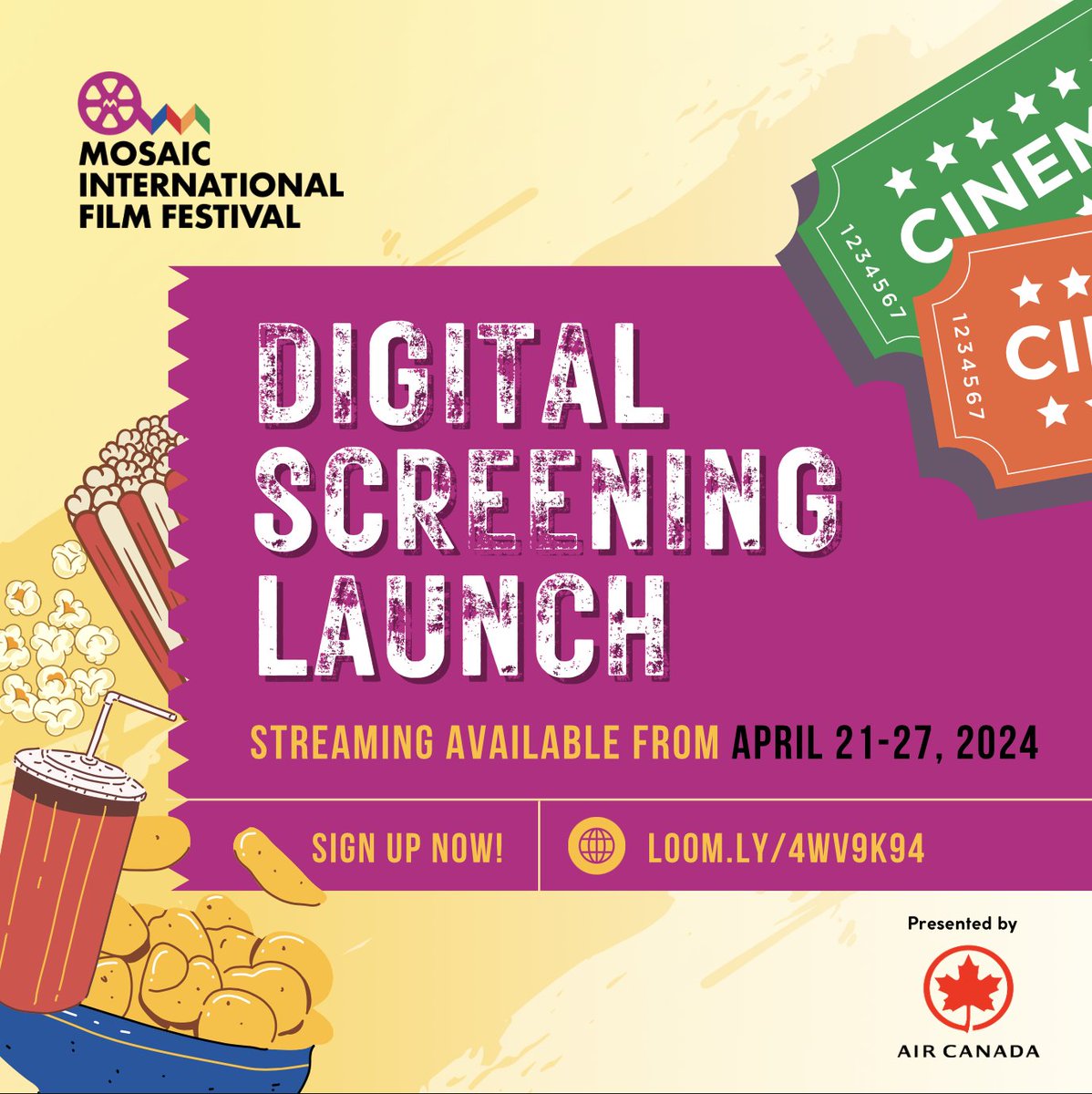 The Digital Screening Launch of the 5th Mosaic Film Festival, presented by @aircanada, is here! Dive into a cinematic journey with all submissions available to stream from Apr 21-27. Let the movie magic begin! 🍿✨ Sign up now: loom.ly/4wv9k94 #MosaicFilmFest2024