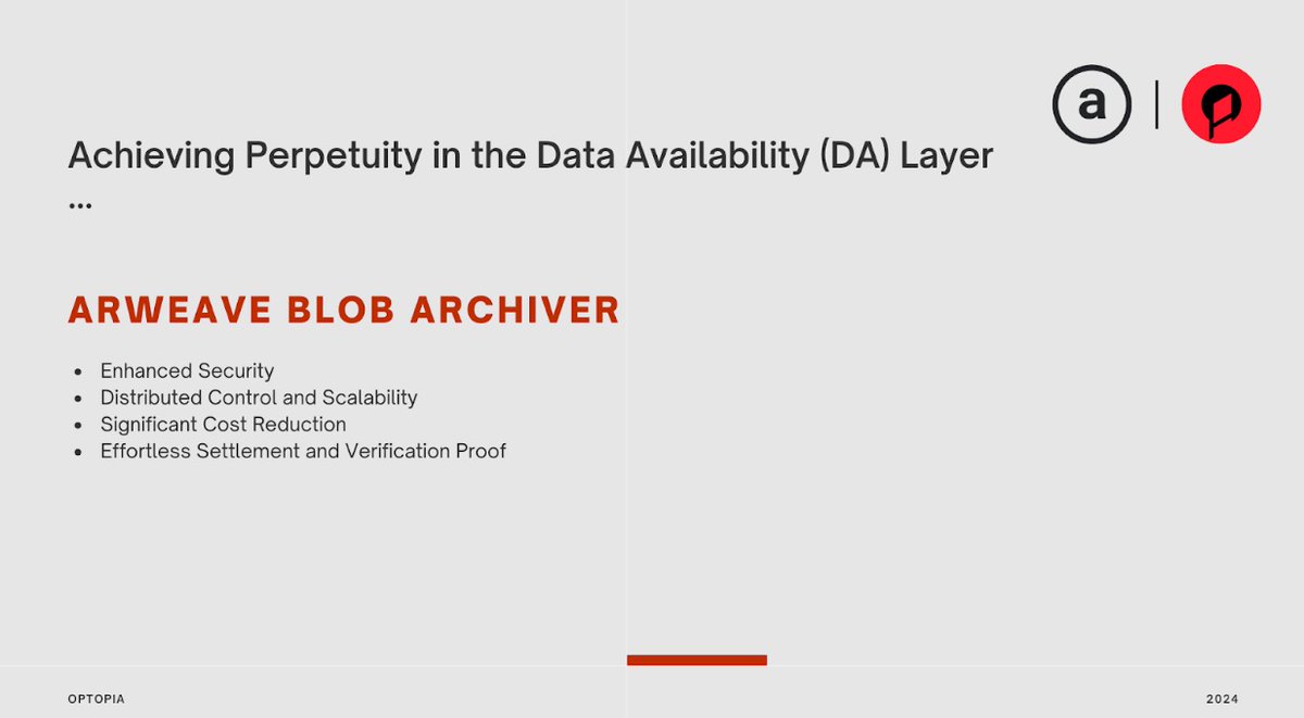 Optopia_AI's tweet photo. 💪#Optopia has implemented the technical approach of @ArweaveEco Blob Archiver.

👉The innovative integration enables all #AI apps within the Optopia ecosystem to permanently access and store transaction data, thereby enhancing network security and reliability, and bringing numerous benefits to Optopia #Layer2.

🧵For detailed technical specifications, let’s dive in