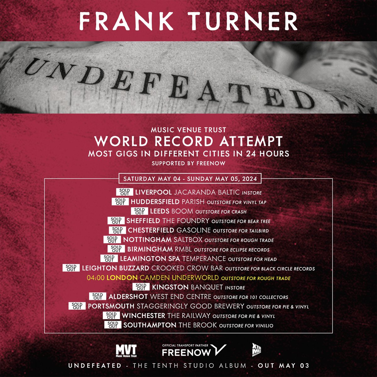 World Record Attempt update - every show is now sold out apart from the 4am London one - and even that one is selling well (!!). Last chance to be a part of this. Get involved! frankturner.orcd.co/mvtwrtickets