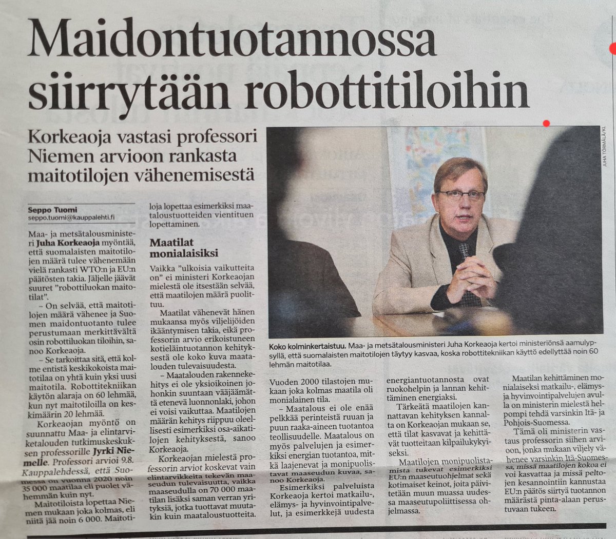 Tuli vastaan arkistoistani tämmöinen Kauppalehden artikkeli 20 v takaa. <a href="/JyrkiSNiemi/">Jyrki Niemi</a> osasi arvioida maitotilojen määrän varsin kohdilleen v 2020. 5400 maitotilaa oli sen vuoden lopussa.