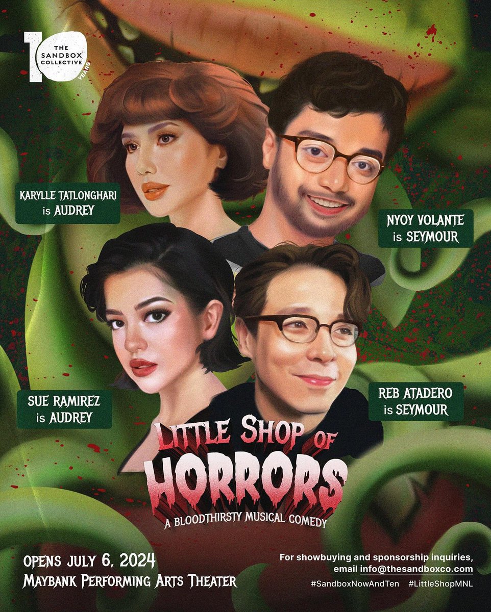 LOOK: Stage musical comedy #LittleShopOfHorrors — starring Karylle Tatlonghari, Nyoy Volante, Reb Atadero, Sue Ramirez, and a man-eating plant from outer space — opens July 6 at the Globe Auditorium, GF, Maybank Performing Arts Theater, BGC. Ticket details soon.