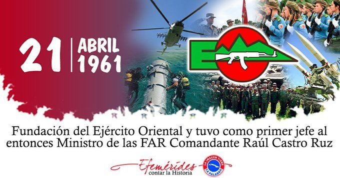 Hoy felicitamos a los integrantes del Ejército Oriental por el aniversario de su constitución. Sigan siendo siempre acreedores de la confianza del pueblo y de su fundador, Raúl. #CubaViveEnSuHistoria @minfar
