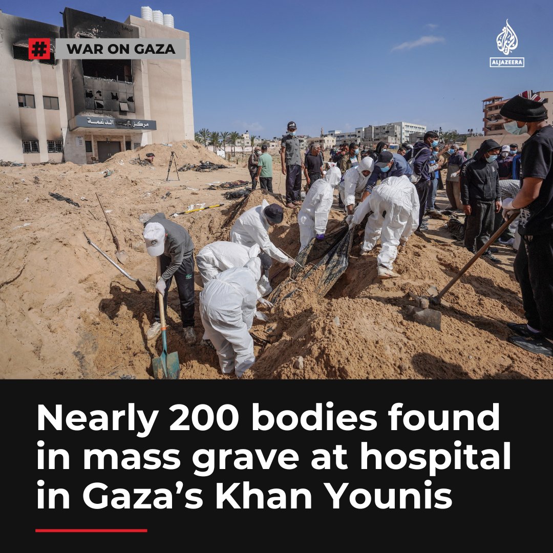 At least 180 bodies have been recovered from the Nasser Medical Complex in Khan Younis so far, say Palestinian authorities, as Israel continues its deadly attacks on Gaza aje.io/j60998