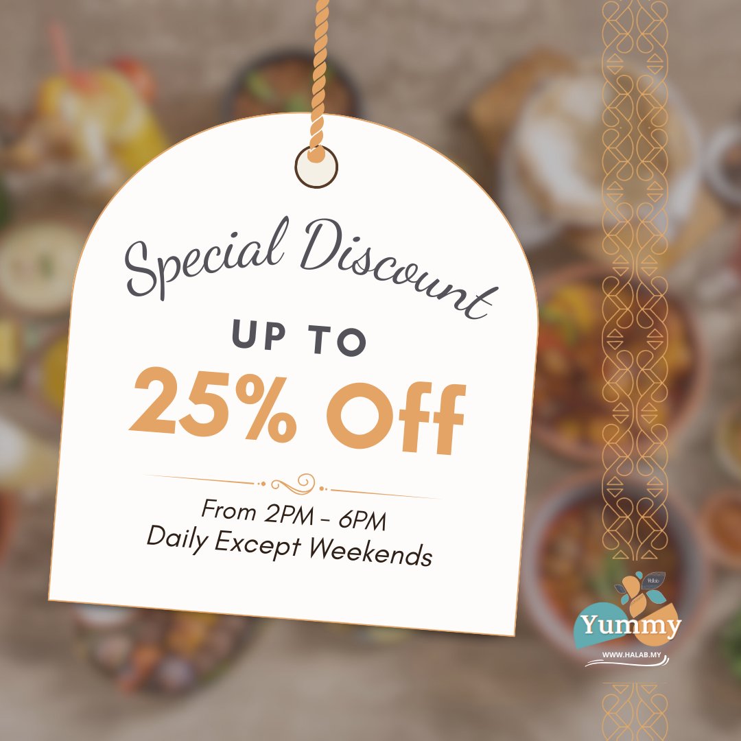 halabpenang's tweet photo. How to make your weekdays even better: 
1. Reserve at Halab Restaurant from 2PM-6PM 
2. Enjoy 25% off tasty treats 
3. Repeat! 

Reserve now : https://t.co/47xqbuTmO0 

#halab #midweekmotivation #foodielife #promo https://t.co/Sw7sqERCkV