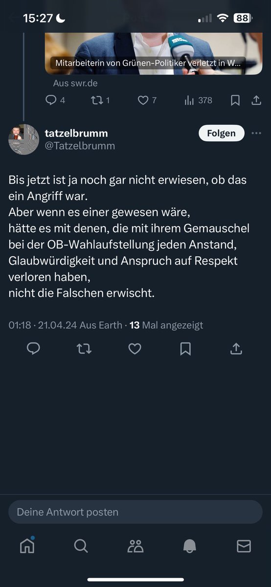 Nur damit ihr Mal mitkriegt, wie es ist, wenn man sich politisch engagiert.

Angriffe auf politisch Andersdenkende gut zu heißen, das gibt es von verschiedenen Seiten.

Dieser Mensch wünscht mir offenbar, zusammengeschlagen zu werden.