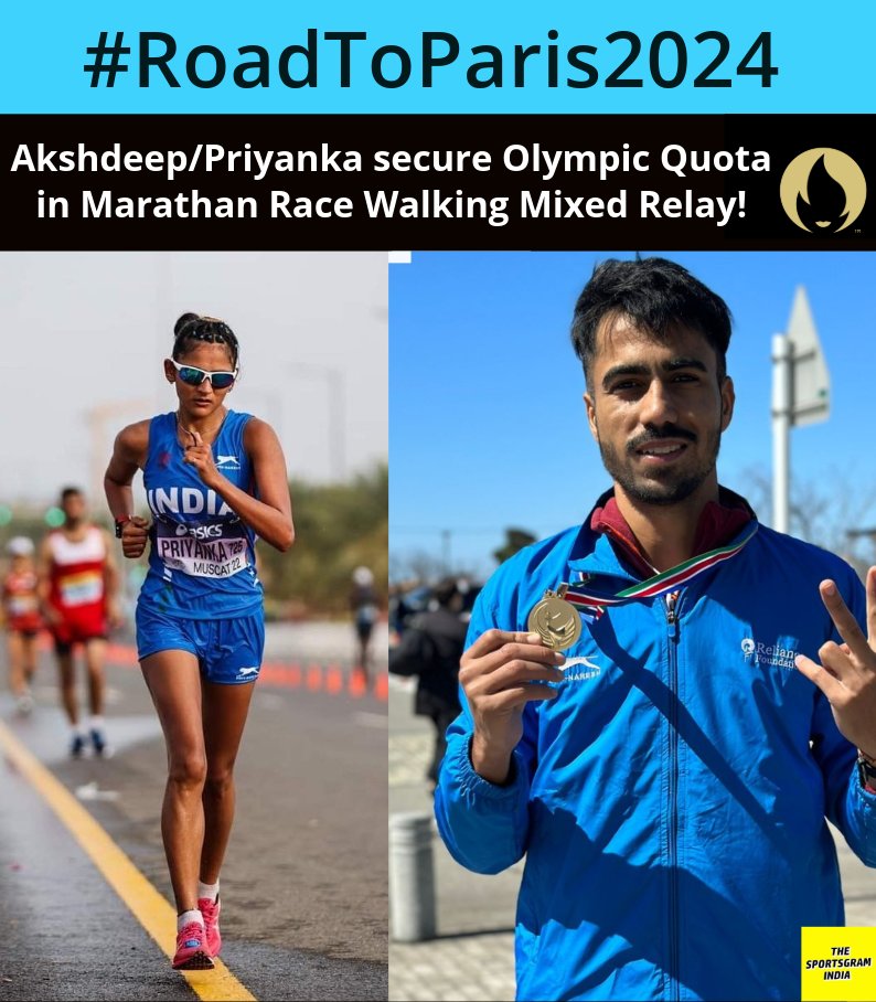 Olympic Quota Alert! 🇮🇳 Akshdeep & Priyanka secure an Olympic Quota in Marathon Race Walk Mixed Relay by finishing 18th at World Athletics Race Walking Championships! 🏃‍♀️🏃‍♂️ #Athletics #RoadtoParis2024 #Paris2024