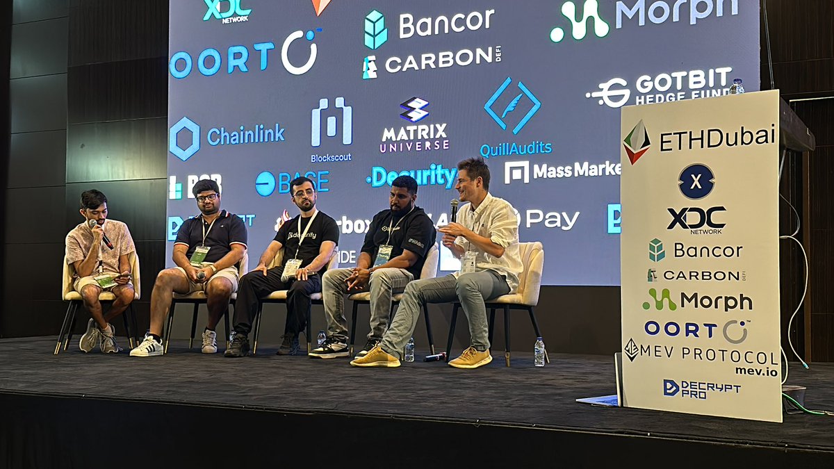 Amazing panel on security in web 3 with happening right now @ETHDubaiConf with: Sarang Parikh advisor @SushiSwap, Mudhit Gupta @0xPolygon, Valentin Quelquejay @Consensys Dilligence, Omar Ganiev @DecurityHQ founder, Prateem Rao @QuillAudits.,. Always a great conversation when