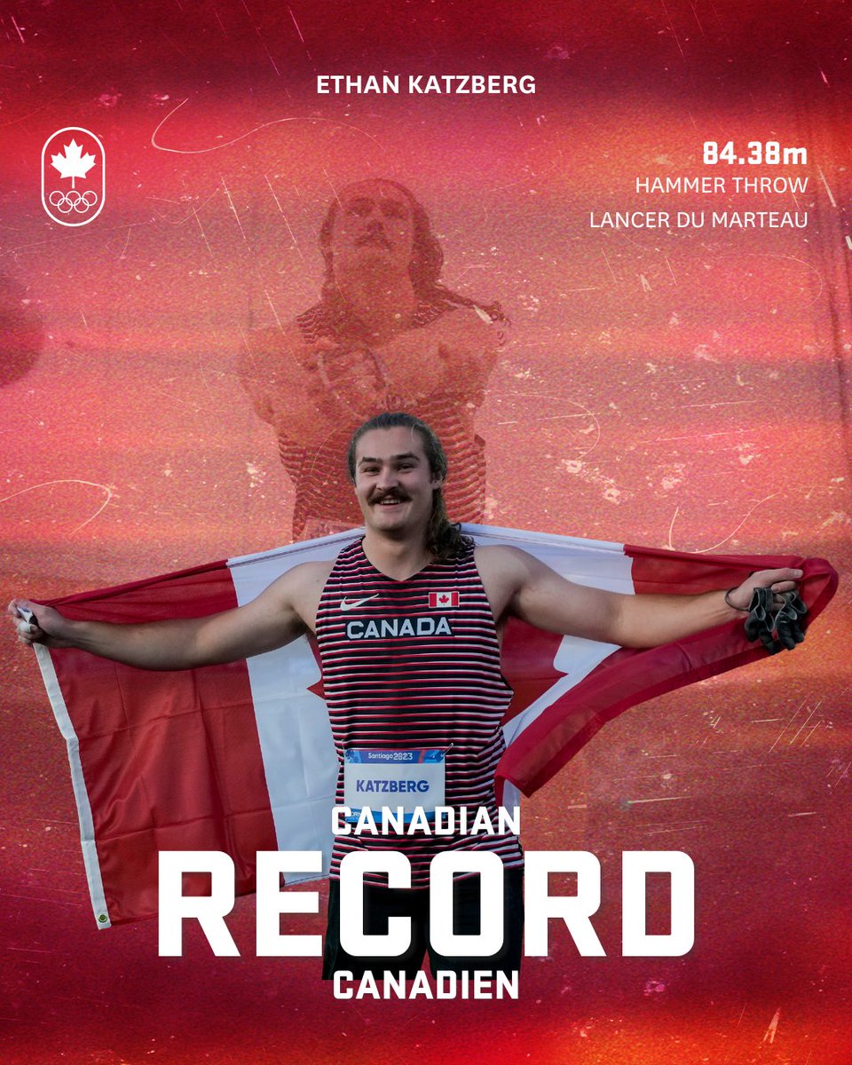 #TeamCanada 's Ethan Katzberg 🇨🇦 achieves a remarkable feat in the men's ‼️hammer throw, recording a throw of 84.38 meters, marking the longest throw in 16 years‼️