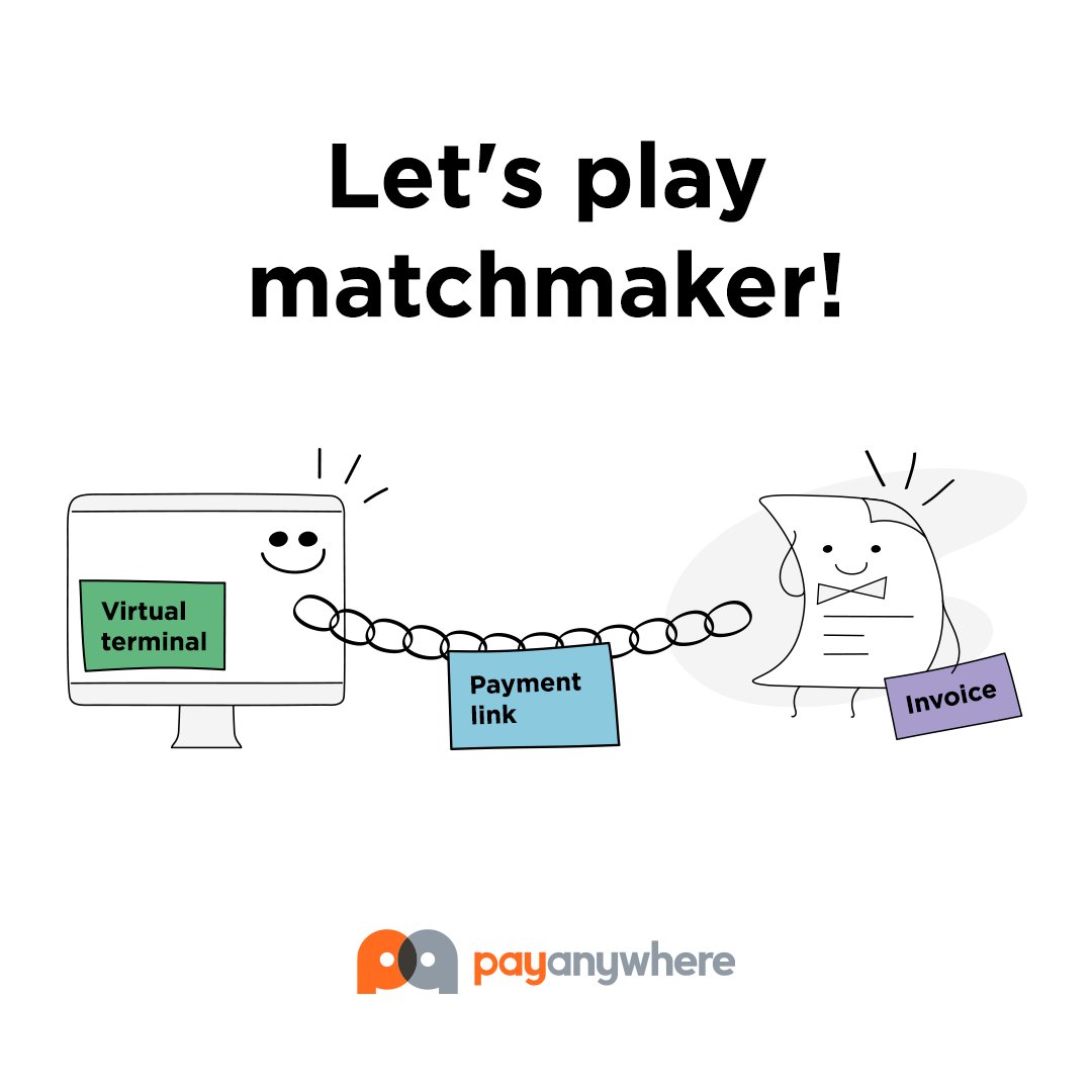 Payanywhere's tweet photo. Let's play matchmaker! Discover which online payment feature is the perfect match for your business. With the Virtual Terminal, Invoices, and Payments Links, there’s something for everyone in Payments Hub. https://t.co/59J69lrKMK