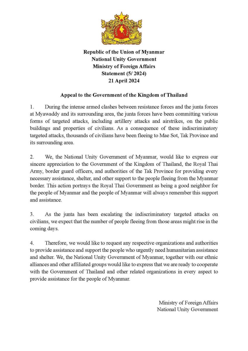 Appeal to the government of Kingdom of Thailand by @NUGMyanmar