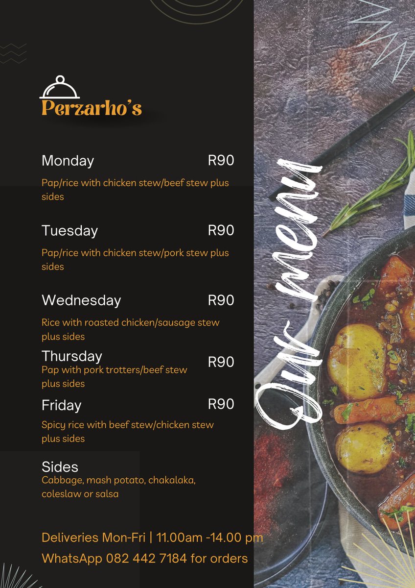 Happy Sunday fam 🥺🤗 Taking orders for Tuesday. Here's our menu with the adjusted prices. R90 a plate Group meal orders Min. order 5 plates WhatsApp 082 442 7184 for orders Nka leboga support🙏