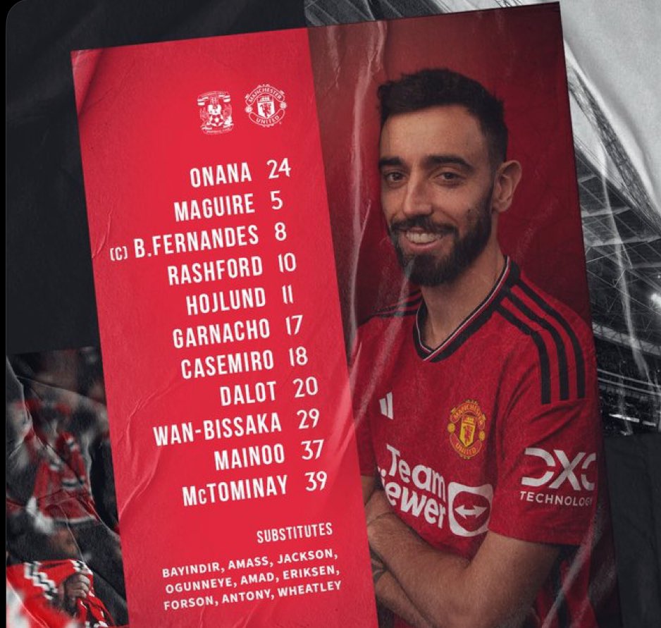 McTominay comes in for todays’s semi final against Coventry. Hope it’s Scot McTominay alongside Maguire and not Casemiro OR maybe we’re going to play 3 at the back Onana Dalot Maguire Wan Bisaka McTominay Casemiro Mainoo Fernandes Garnacho Rashford Hojlund…