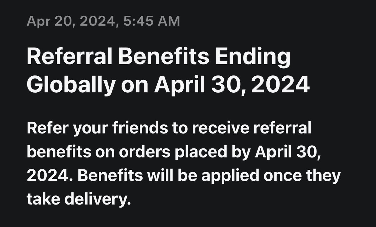 CharlotteTesla's tweet photo. Unfortunately @Tesla is ending the referral program (again), don’t worry your account will still have your points available to you until 2025. https://t.co/eKeYiXyz10